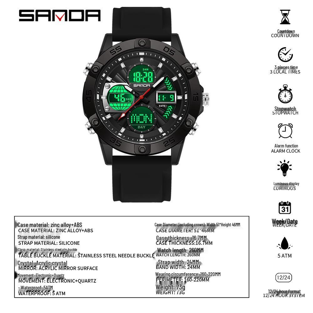 SANDA 3D Multifunction Sports Watch – 3 Time Zones, Waterproof, Student Wristwatch