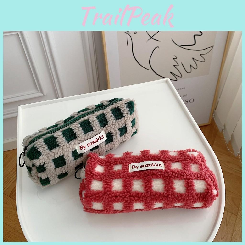 Grid Plush Simple Design Large Capacity Stationery Storage Bag For School