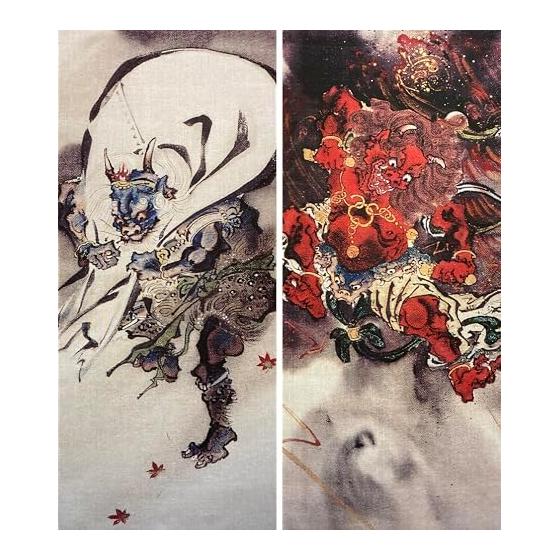 Ukiyo-e Tenugui Towel Set of 2: Fujin & Raijin by Kyosai Kawabe, 100% Cotton, Tokka Fabric, Japan