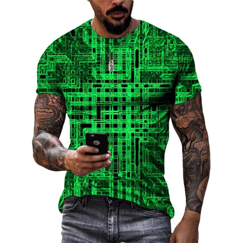 Nuova T-shirt da Uomo Tecnologia Motivo Digitale Street Hip Hop Trend Top Girocollo Personalità Moda Casual Manica Corta Abbigliamento