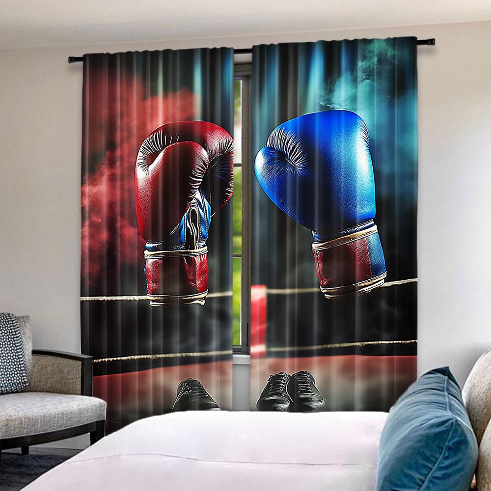 2Pcs Red And Blue Boxing Curtains Sports Theme Curtains Boxing Gloves Pattern Games Design For Living Room Dining Room Bedroom