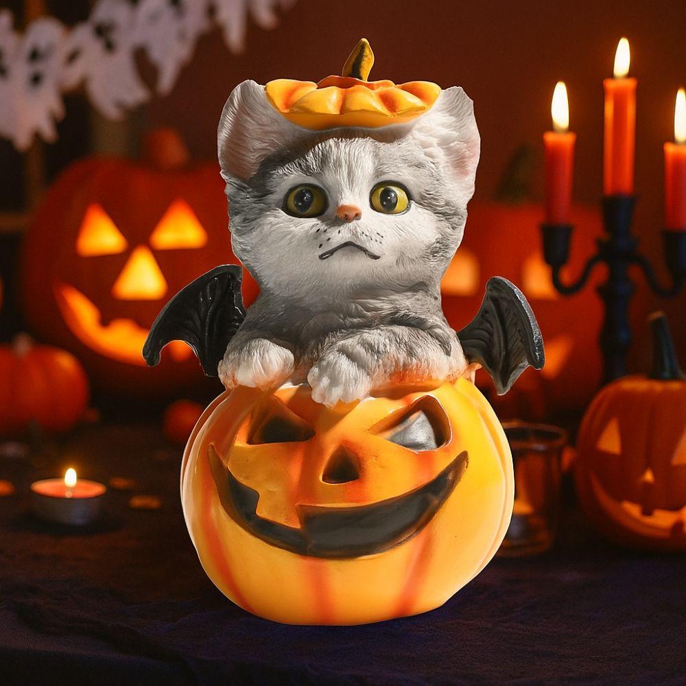 Cute Halloween Cat Pumpkin Statue Handmade Cat Desk Figurine  Christmas Celebration