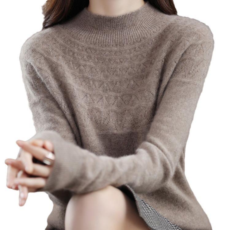 Women's 100% Wool Slimming Cashmere Knit Sweater - Half High Neck, Seamless, Hollow Out Design for Autumn/Winter