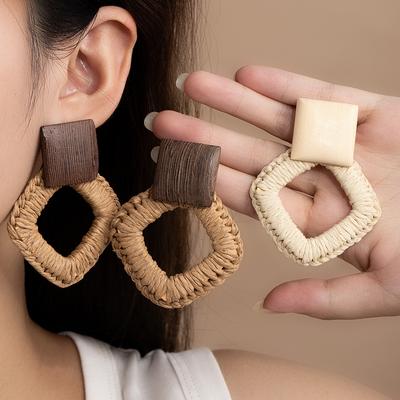 Seaside Vacation Wind Super Fairy Exquisite Square Wooden Block Pendant Straw Woven Rhombus Earrings Exaggerated And Unique Small Face Earrings