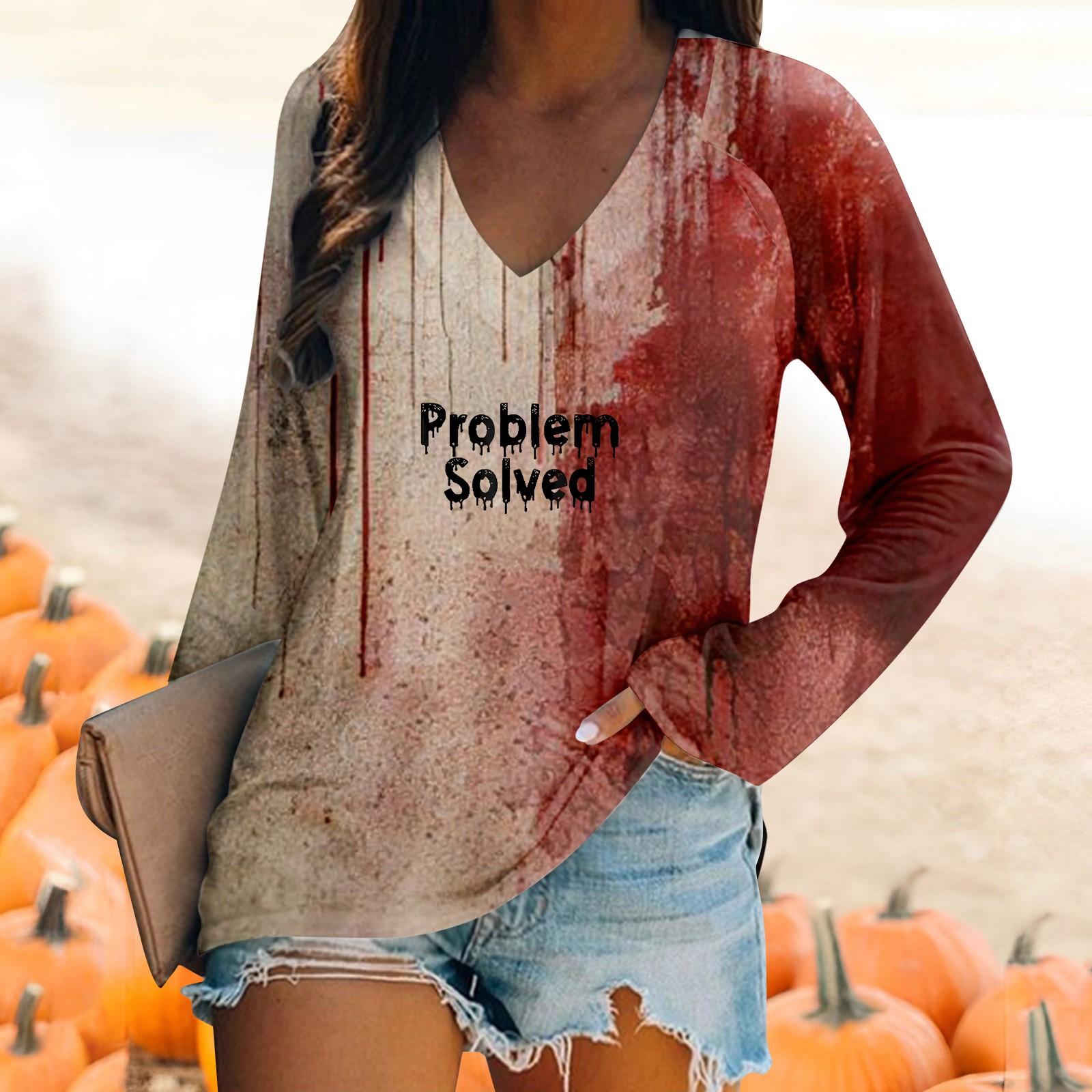 

Женская футболка с длинным рукавом и V-образным вырезом, повседневный, удобный топ с принтом на Хэллоуин XXXL хаки