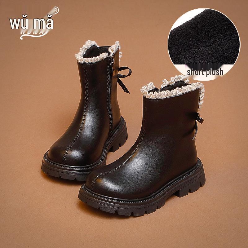 Wuma Kids  2025 Winter Leather Boots: Little Girls  Velvet-Lined British Style Mid-Calf Martin Boots Size 23: Inside Length 15.7CM