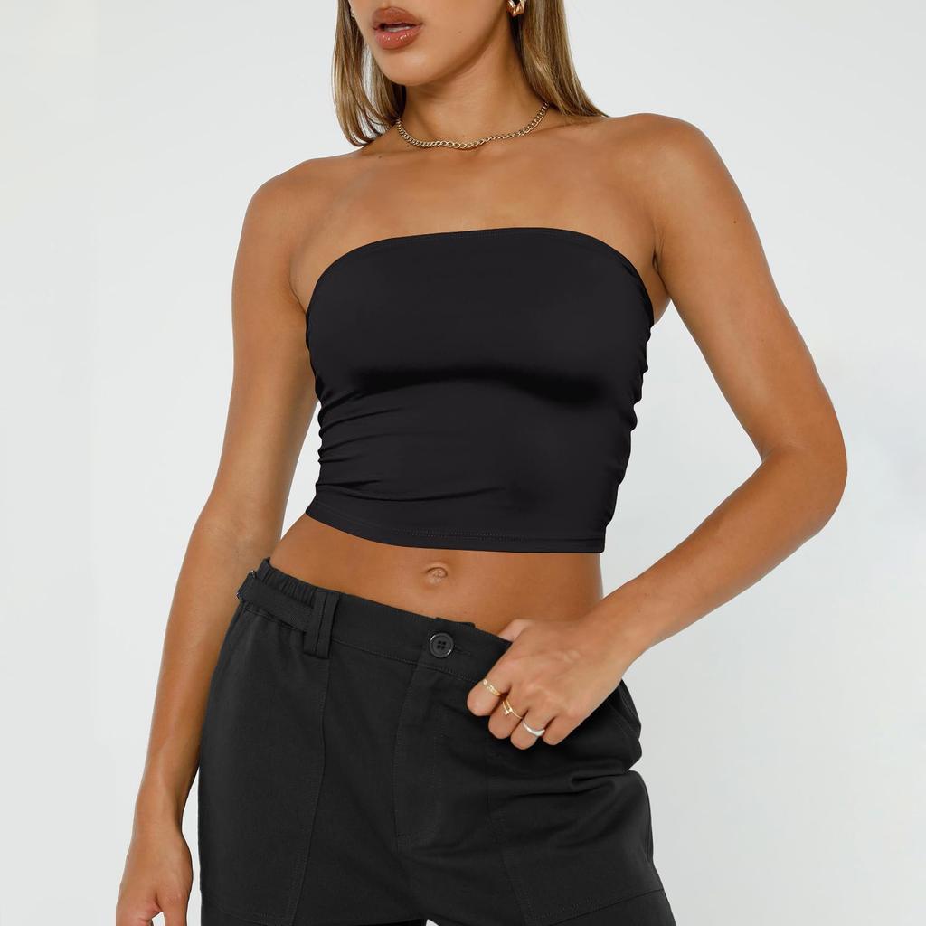 Women's Sleeveless Solid Color Women's Bandeau Tops Strapless Navel Tops Basic Backless Bandeau Cute Summer
