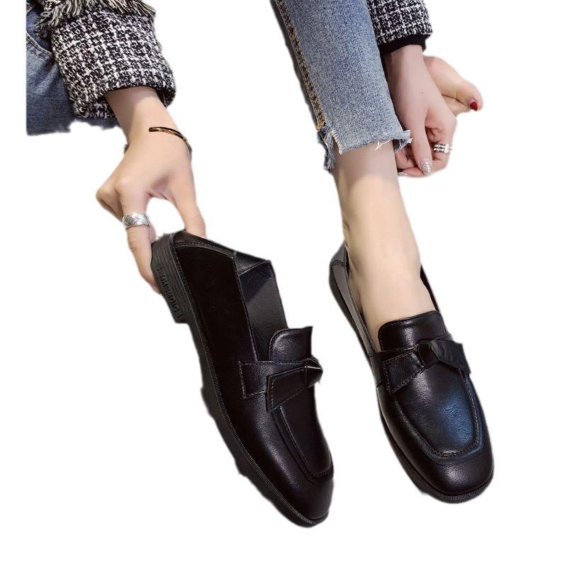 Einzelschuhe Damen Flache Schleife Retro Britischer Stil Kleine Lederschuhe Vielseitige Ein-Pedal-Loafer Aus Weichem Leder