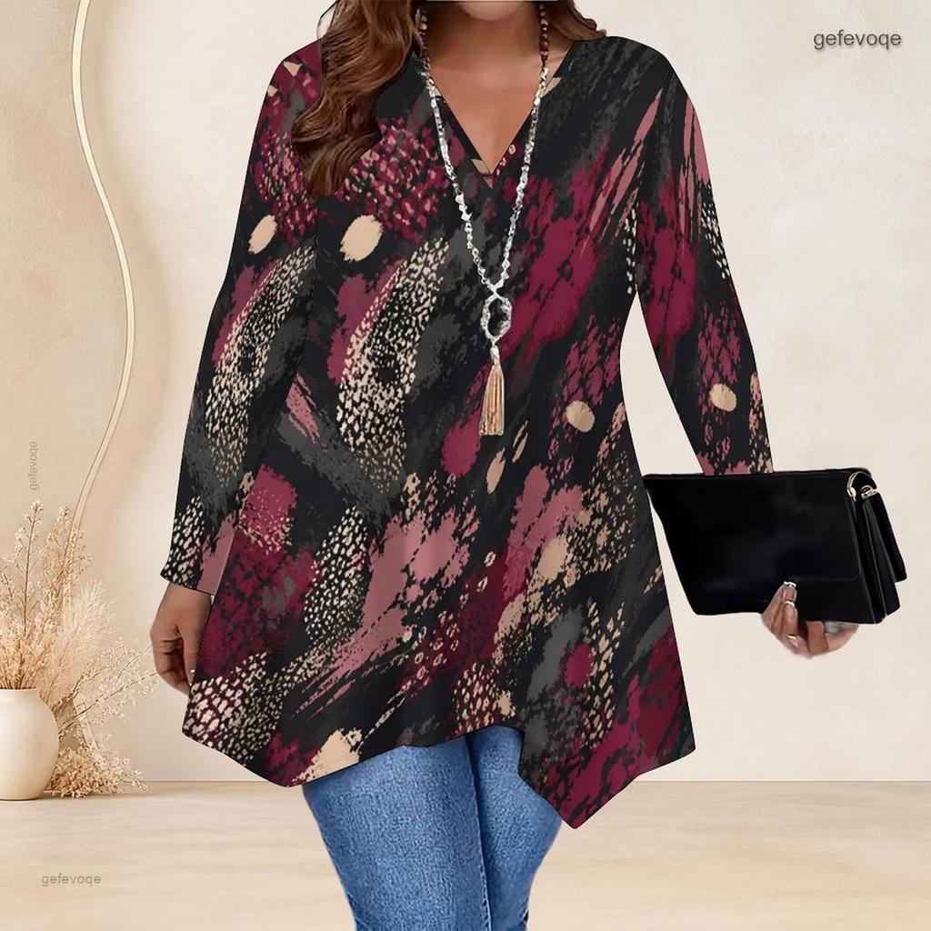 Women Plus Size V Neck Long Sleeve Watercolor Printed Asymmetric Hem Tunic Top