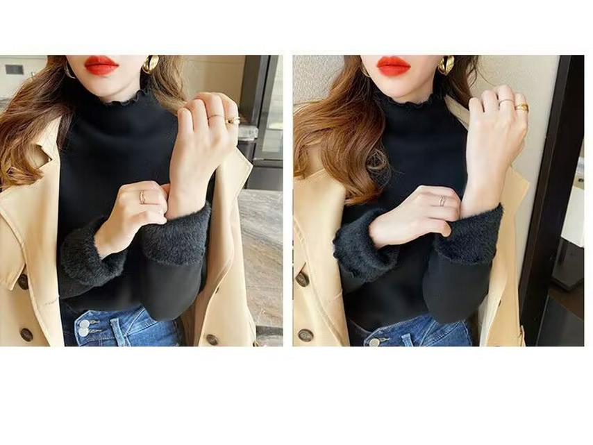 Damen Plüschfleece Unterhemd - Gemütlicher Herbst/Winter Halbhoher Kragen, Holzohr-Besatz