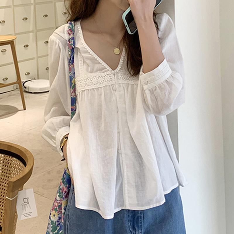 VONDA Women Casual Lace V-Neck Lantern Long Sleeve Blouses