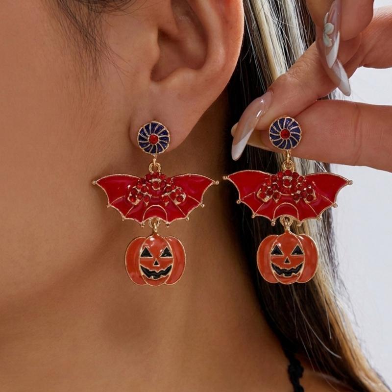 Halloween Party Earrings, Stud Top Drop Pair with Enamel Style Finish for Photo Looks, Fall Gatherings, and Dress Up
