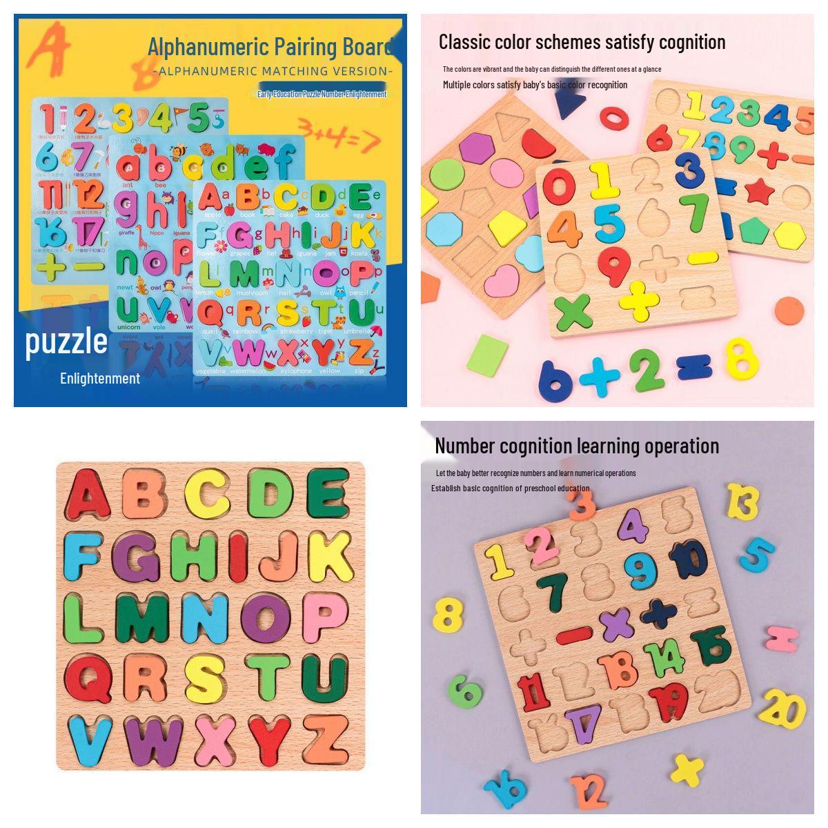 

Wooden Educational Puzzle Board for Toddlers: Number, Letter, and Shape Matching Blocks Uppercase Alphabet Board
