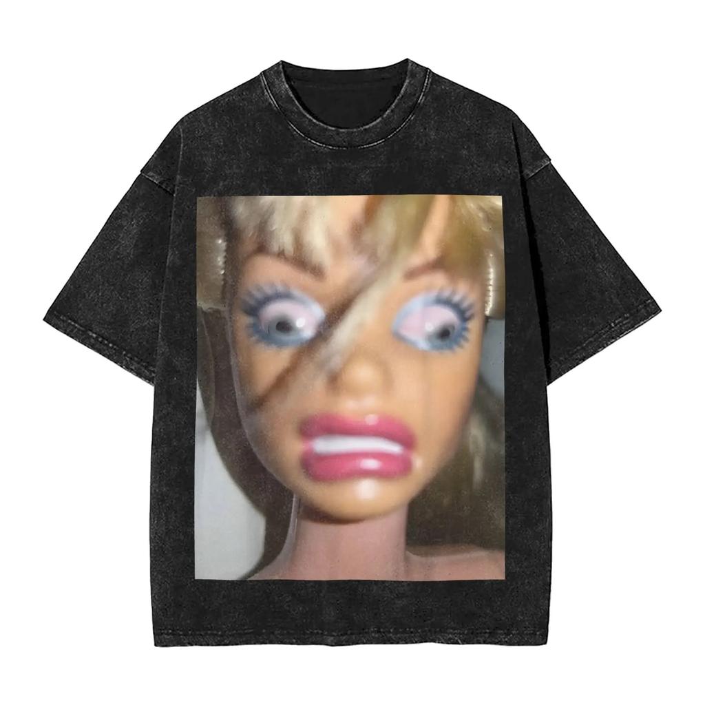 Distressed Doll Face Graphic Print Funny Meme Harajuku Fashion Tshirt Women Men Vintage Washed Oversized Top Cotton Summer Tees