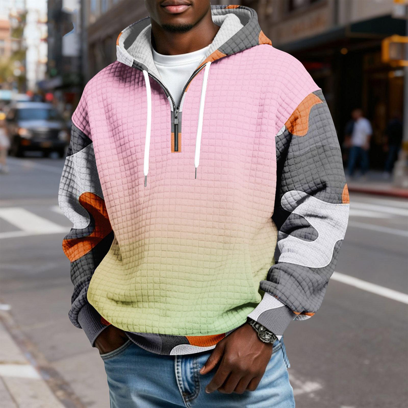 

Чоловічий картатий пуловер з капюшоном на блискавці, з принтом на шнурку, повсякденна спортивна толстовка XL рожевий