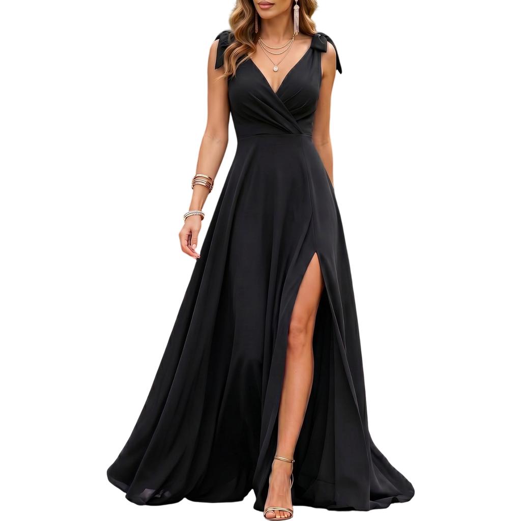 Vestido Largo Formal de Noche para Fiesta de Bodas con Escote en V, Sin Mangas, Tirantes con Lazo en el Hombro y Abertura Lateral