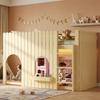 Loft Bed with Fences, Bunk Bed, Children's Bed, Multicolor LED Light Strips, Three-Step Straight Ladder, Pine+MDF, Natural, 90x200cm