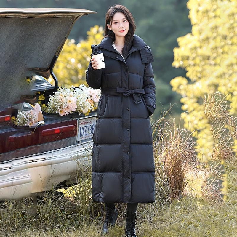 European Cotton-padded Women's Long Over-knee Thin Cotton-padded Women's Thickened Cotton-padded Jacket Winter Hooded Belt Cotton-padded Jacket