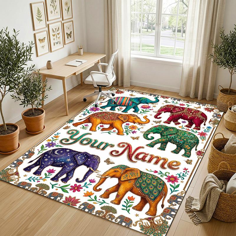 Elephant Theme Crystal Velvet Rug Personalized Custom Name Text Soft Floor Mat Home Decor