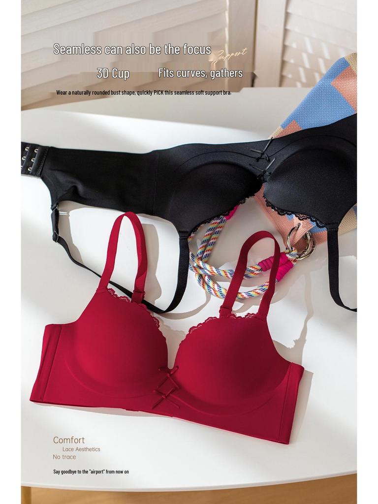 Red Series Seamless Push-Up Bra Set for Women - Side Support, No Underwire, Sexy Thin Hollow Out Design