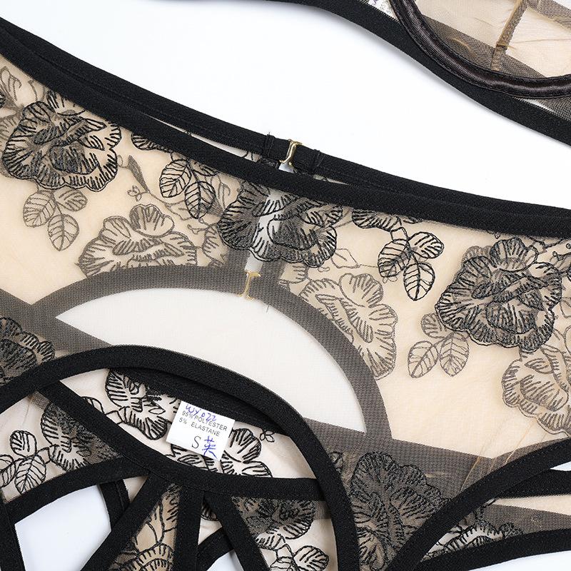 Dámské erotické spodní prádlo Tenká část Průhledná síťovaná výšivka Sexy spodní prádlo Kostice Podprsenka Podvazkový pásek Tanga