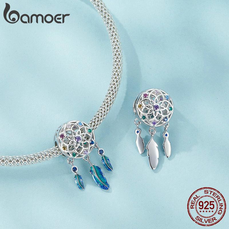 BAMOER 925 Sterling Silver Rainbow Dreamcatcher Pendant Charms Fit Women Bracelet DIY Fine Jewelry Gift 925 Silver Charm Beads
