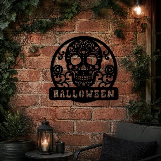 Entrance Door Ornament Skull Metal Sign, Gothic Spooky Skeleton Head Hanging Wall Vintage Style Art for Man Cave, Bar, Bedroom, Garage, Office,
