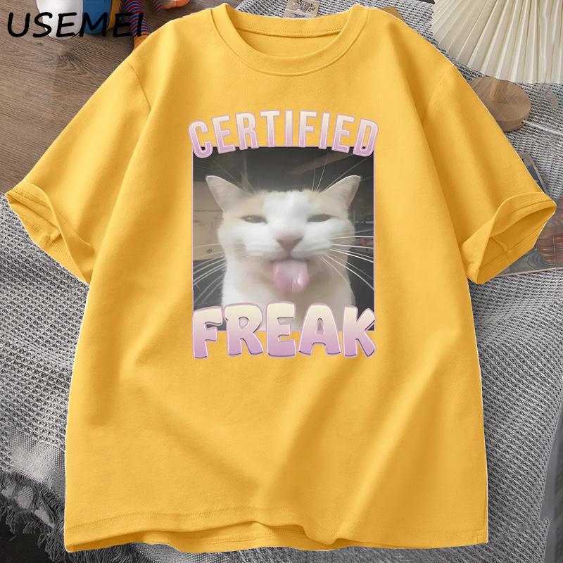 

Certified Freak Funny Cat Meme T-shirt Man Short Sleeve T-shirt Men Clothes Y2k Graphic T Shirts Oversized Tees XXL жёлтый