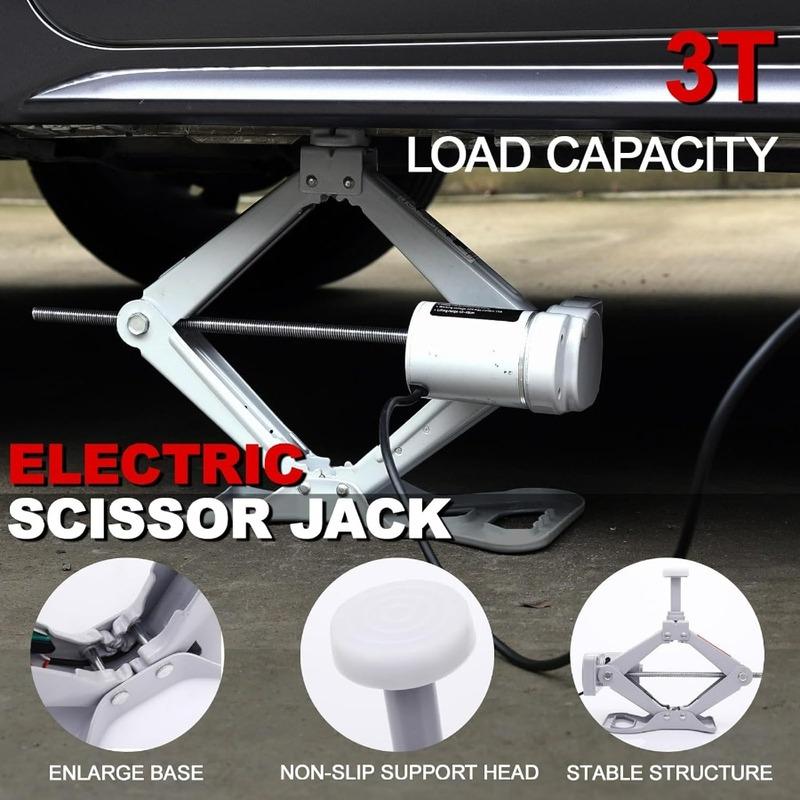 Electric Car Jack Kit 12V Trailer Floor Jack Stands Set 3 Ton Vehicle Scissor Car Lift for Tire Change and Road Emergency with I