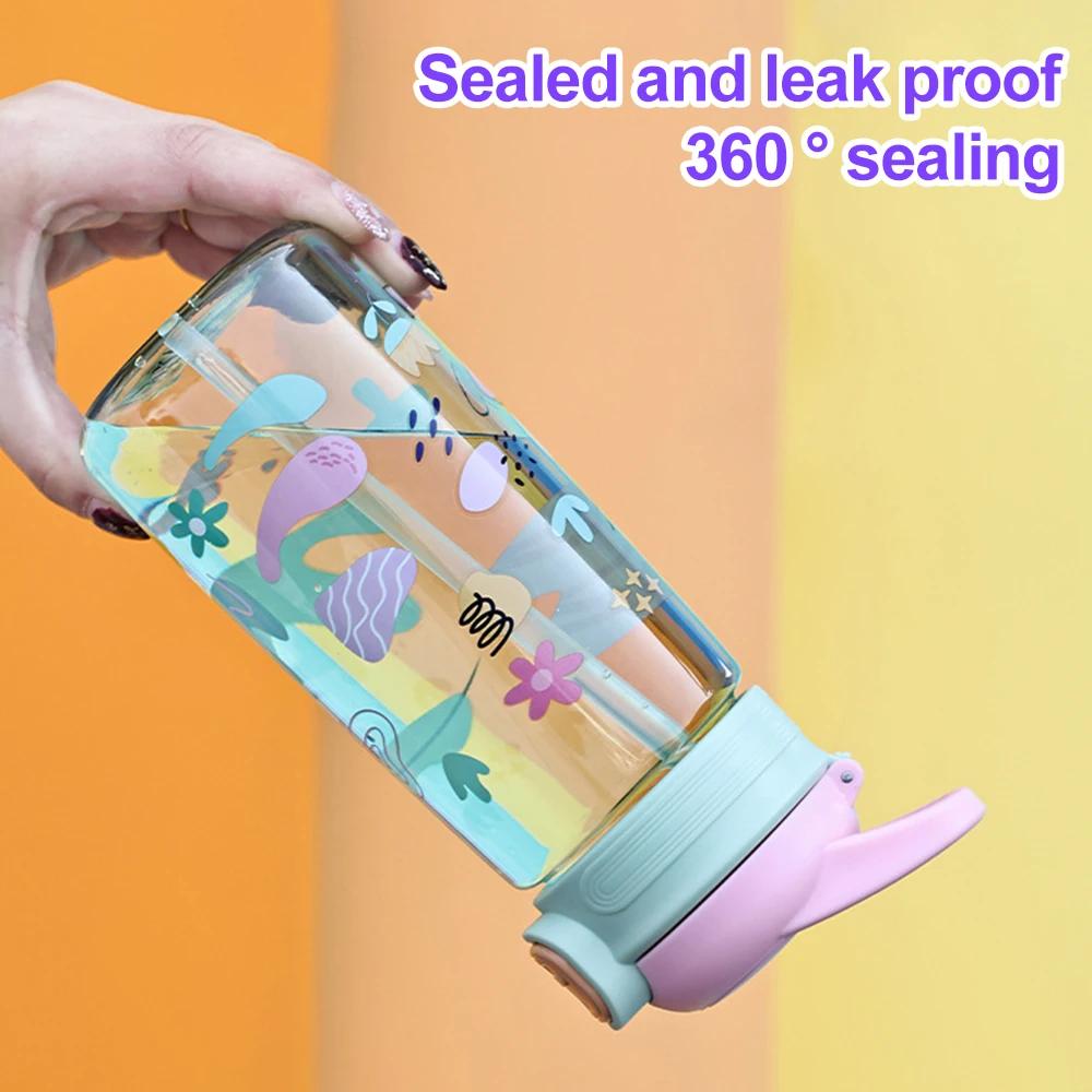 600ML Childrens Water Bottle With Straw Cute Kids Water Sippy Cup Outdoor Portable Cartoon Water Bottle for Children School Boba