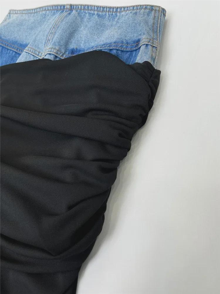 Modern Deconstructed High-Waist Black Pleated Denim Skirt with Spliced Design for Women