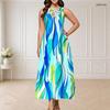 Women Plus Size Round Neck Triple Keyhole Cutout Sleeveless Printed Blue Pink Maxi Dress