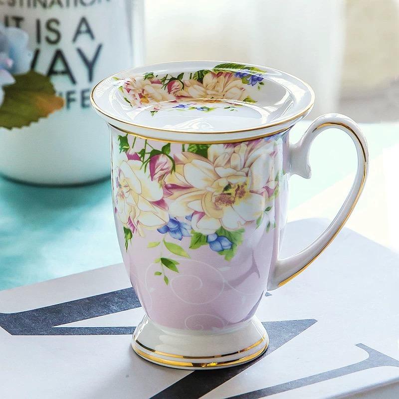 300ml Bone China Coffee Mugs- Blue Pink Elegant Floral Tea Mug with Gold Trim, Large Capacity Ceramic Cup for Coffee Tea and Milk for Home Office