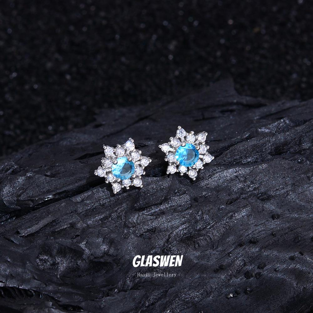 Boucles d'oreilles puces Flocon de neige Zircon bleu - Accessoire de luxe Automne/Hiver pour femmes