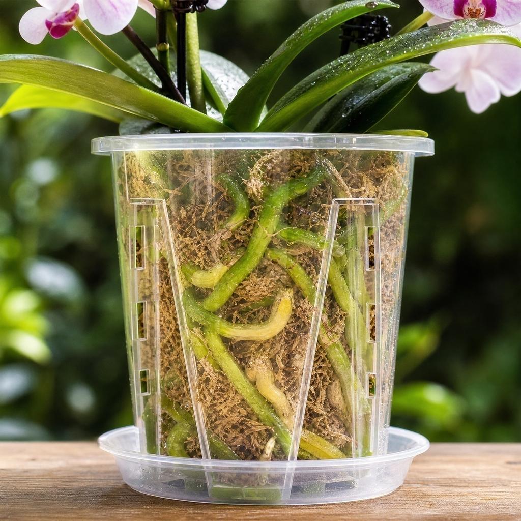 Transparent Plastic Orchid Pot with Drainage Holes and Saucer Root Control Pot for Moss Plants Visible Root System Breathable Pot 16cm Diameter