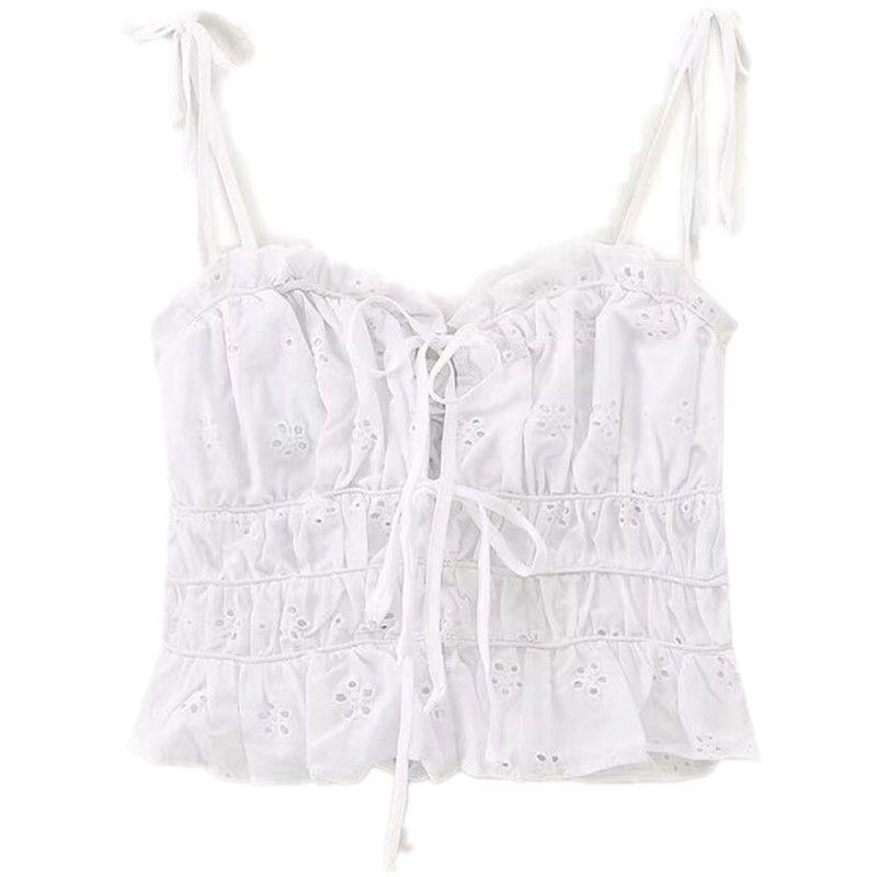

Fashion Style 2024 Summer New Arrival Women s Clothing Easiest for Match Bowknot Decoration Cut Out Embroidered Strap Tops 3456361 White XS