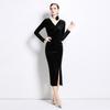 Spring Autumn Women V-neck Vintage Black Velvet Slim Bodycon Evening Party Pencil Dresses