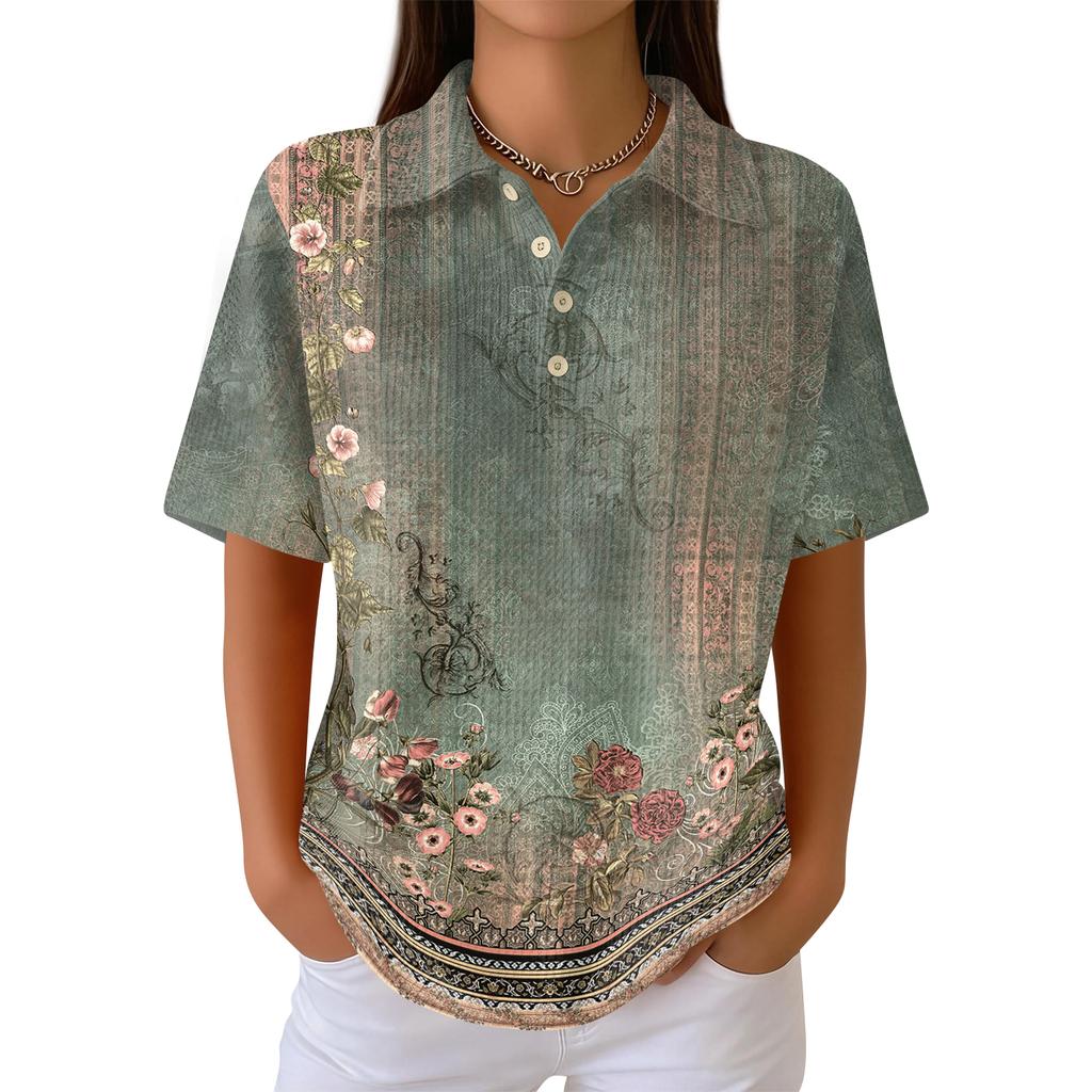 Women’s Casual Short Sleeve Waffle Knit Polo Shirt with Vintage Floral Print and Turn Down Collar for Daily Wear