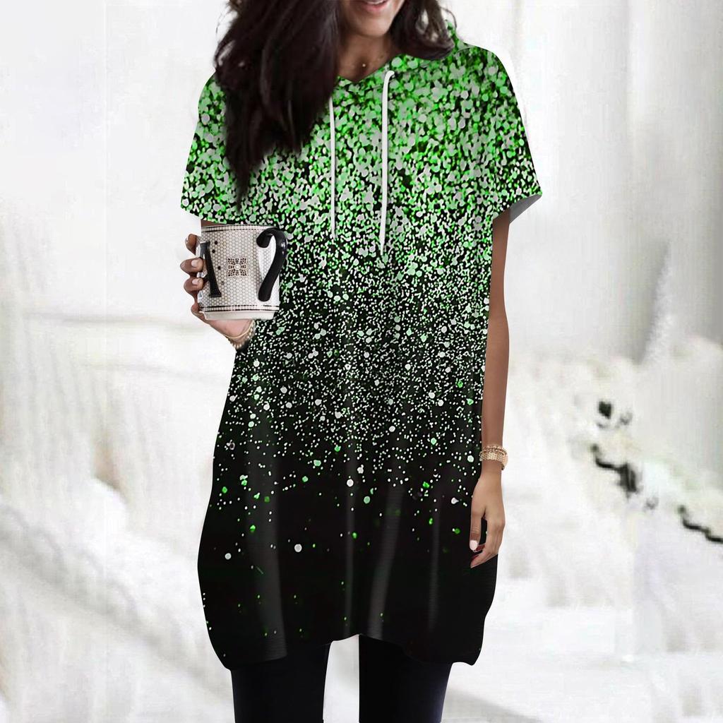 Women's  Hoodies Casual Short Sleeve Shirts Fashion Print Tunic Tops With Pockets