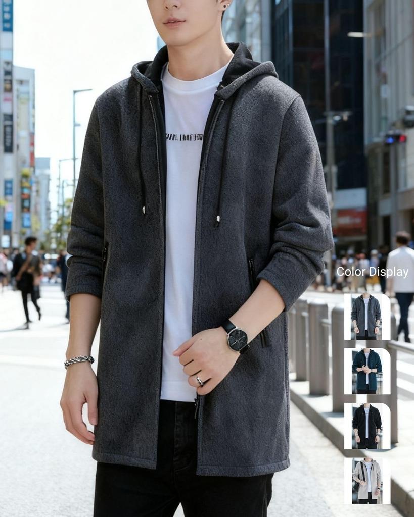 Bench Long Hooded Plus Loose Fleece Warm Solid Dark Grey [foveitaa] Men's Cardigan, Autumn/Winter Jacket, Coat, Parka, Zip-Up Sweater, Sizes, Fit,