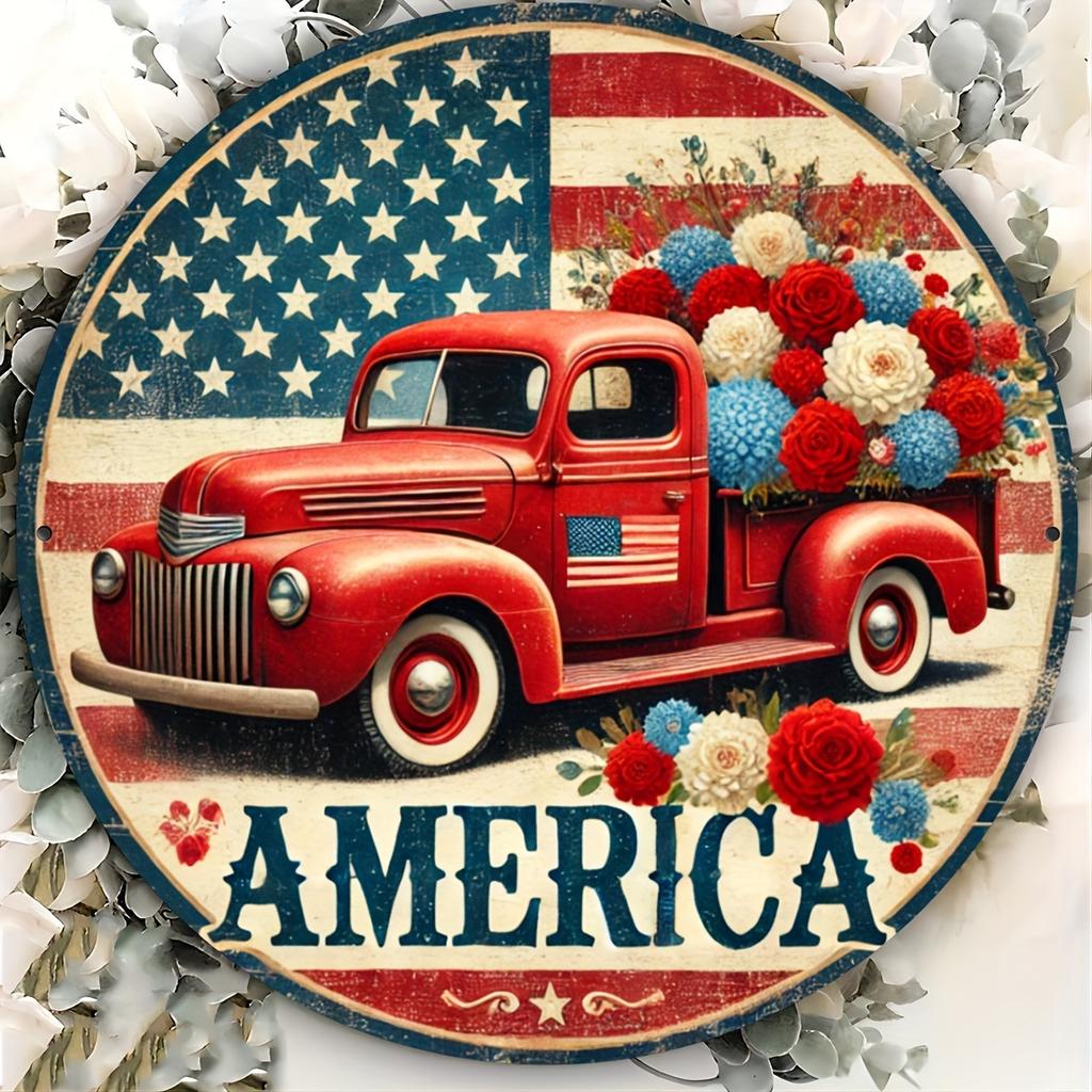 Patriotic Red Truck Aluminum Sign Vintage Style with Floral Accents Ideal Wall Decor for Front Door Wreaths American Pride Celeb