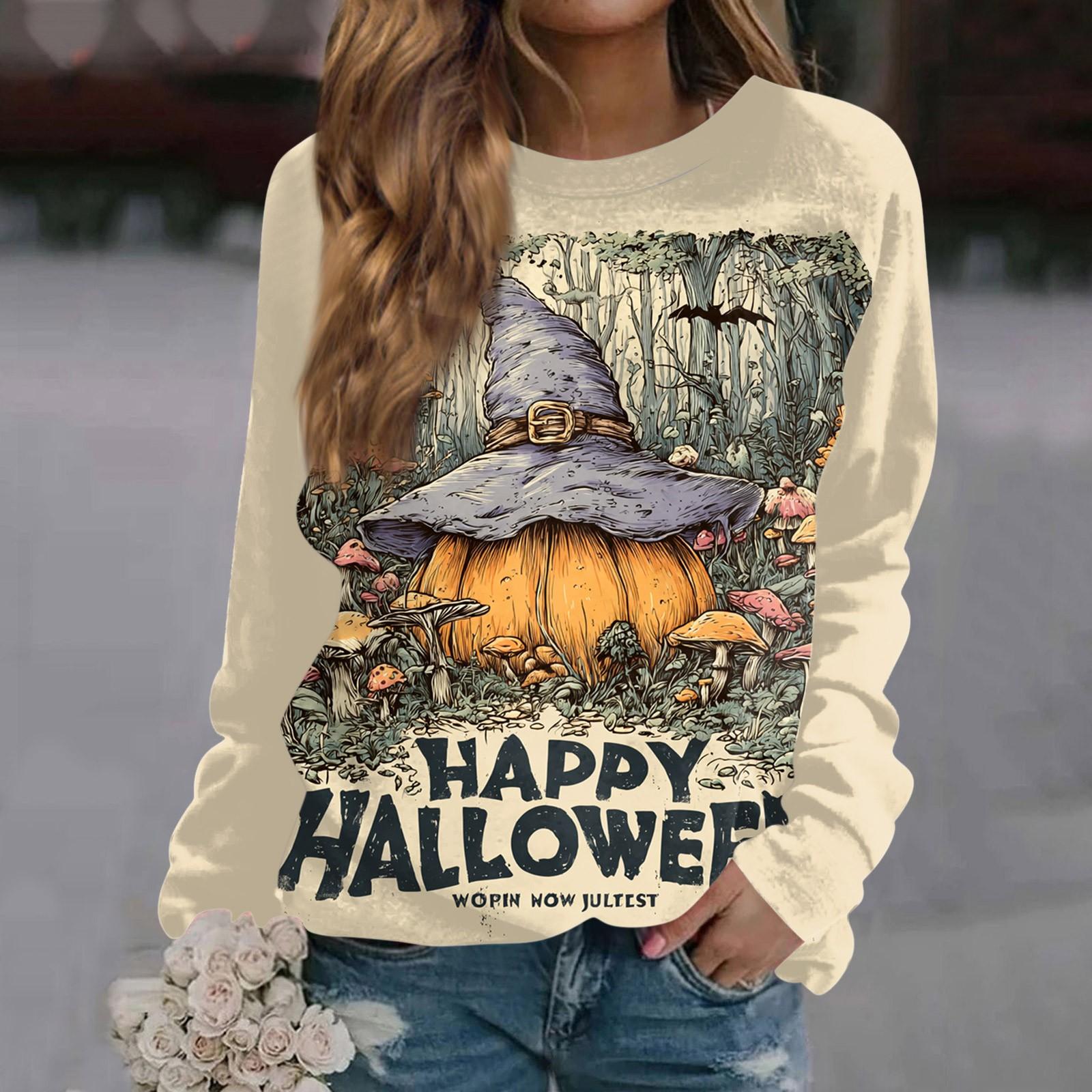 

Women s Fashion Casual Long Sleeve Halloween Printed Round Neck Sweater Top XXXL бежевый