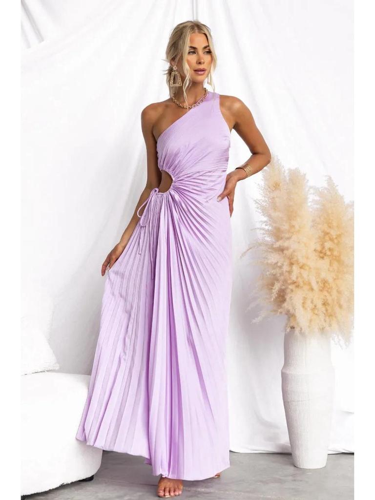 Elegant One-Shoulder Pleated Evening Dress with Waist Cutout - Spring/Summer Style