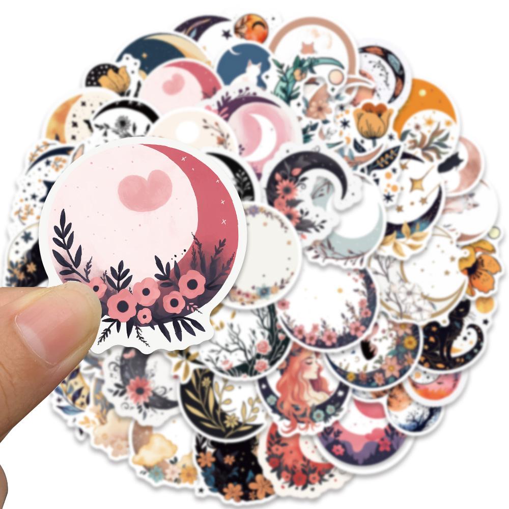 50Pcs Art Flowers Moon Cat Vintage Stickers Aesthetic Retro Boho Cartoon Decal For Refrigerator Scrapbooking Notebook Sticker