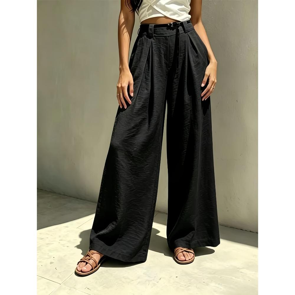 Women's High Waist Belted Pleated Solid Linen Wide Leg Long Pants Loose Fit Casual Trousers