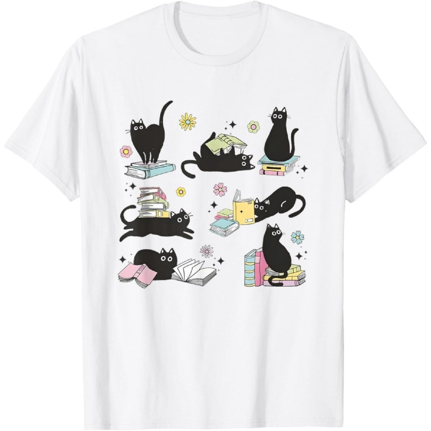 Cats Reading Books Shirt Cat Lover Kitten Reading Book Lover Men Women Girls Kids T-Shirt S