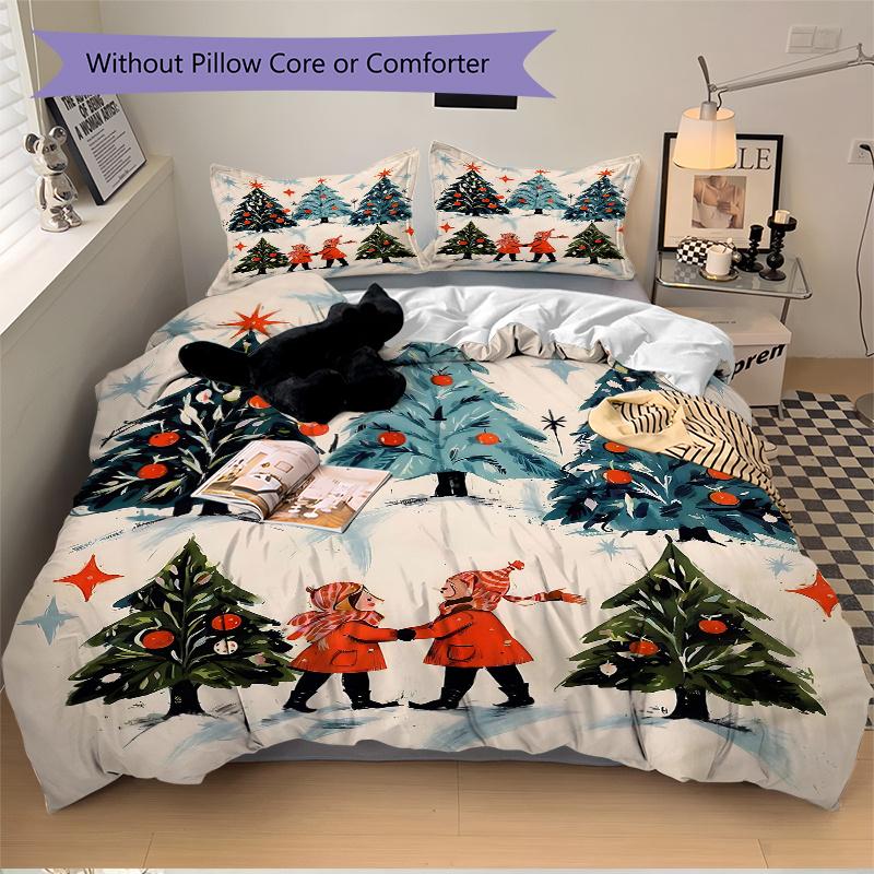 3pcs Christmas Tree in the Snow Bedding Set, 1 Soft Quilt Cover + 2 Pillowcases, Machine Washable, Suitable for All Seasons