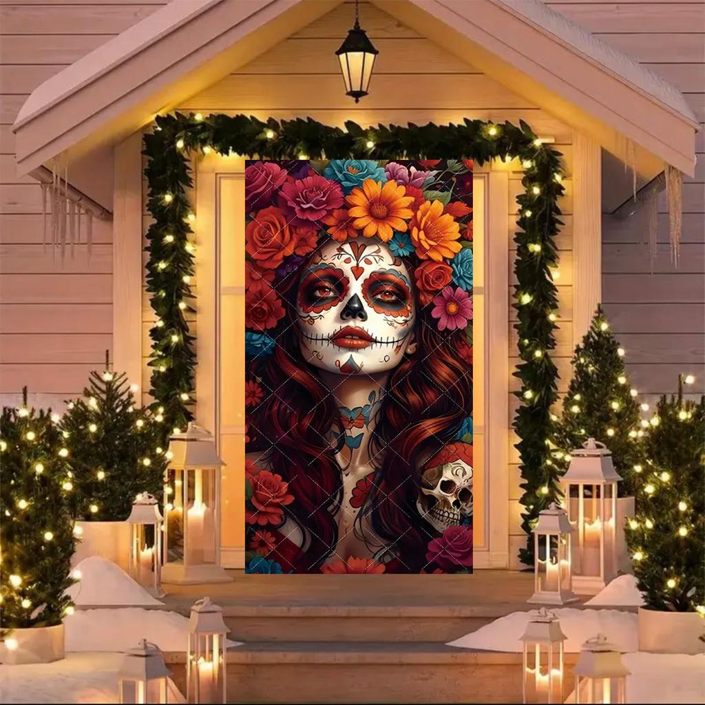 Copri Porta Giorno dei Morti Messicano Sfondo Scena Giorno dei Morti Decorazione Festa Fiore Messicano Teschio Scheletro Candela Striscione Festa
