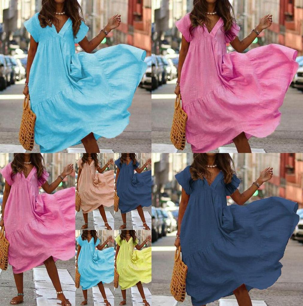 Elegant Women Fashion Maxi Dress Short Sleeve Solid Color Casual Boho Kaftan