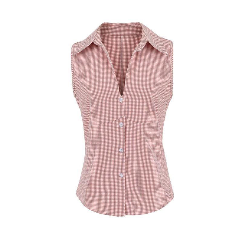 

BM American Style Bandage Dress Sexy New Style Pink Gingham Sleeveless Shirt Button Women s Silm Easiest for Match V Neck Tops Pink Gingham S